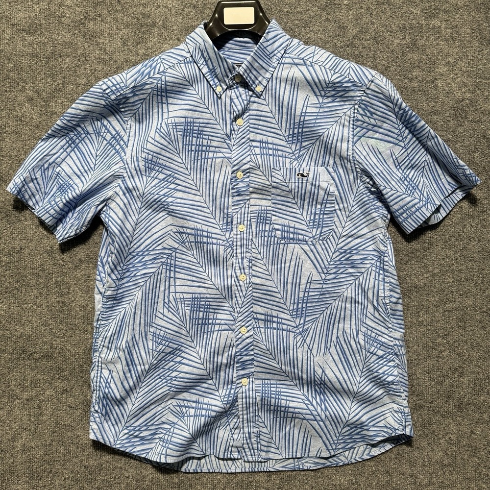 Vineyard Vines Shirt Mens Medium Button Up Stretch Short Hawaiian Palm Blue M